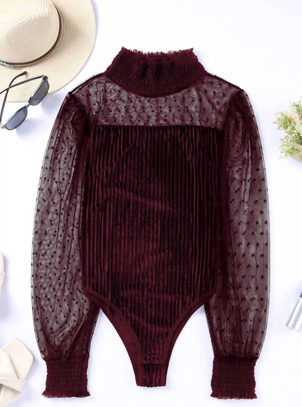 NEW PRETTY BASH women's sheer dotty long sleeve velvet bodysuit in burgundy
